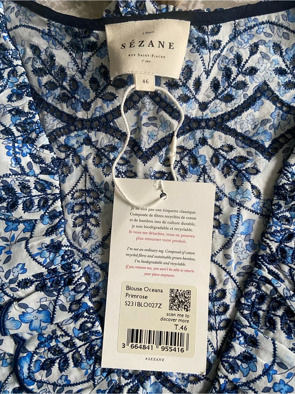 Sézane Oceana Blue and White Floral Ruffle Blouse Brand New!!! - Picture 4 of 7